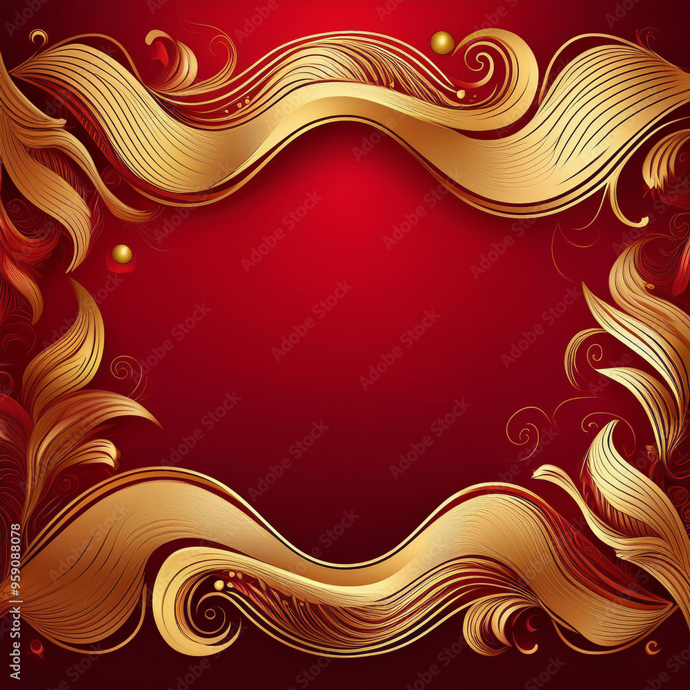 A red background with golden wavy decorative borders, Generative AI A red background with golden wavy decorative borders, Generative AI