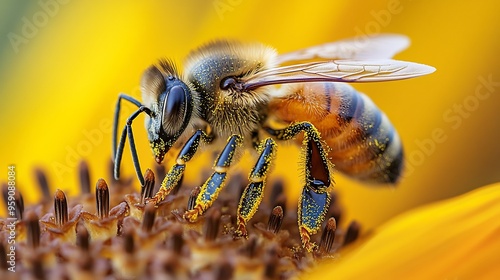 Highdetail macro shot of honeybee on a sunflower showing pollencovered legs and intricate wing patterns photo