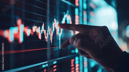 Businessman pointing at stock market trends on screen, bullish market with red candle, stocks financial background analysis