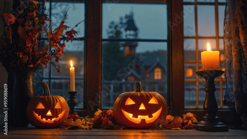 Halloween decorations on the window photo