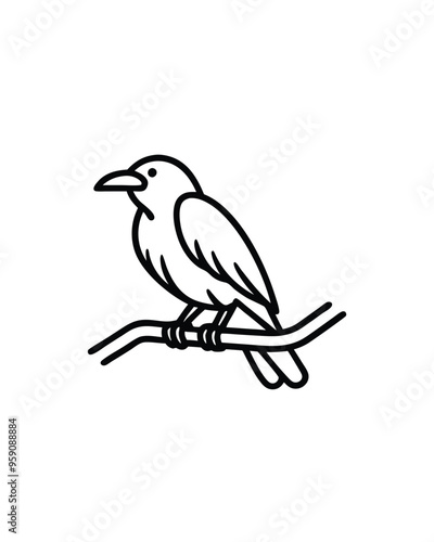 Editable stroke vector of a raven perched on a twig, black and white illustration.