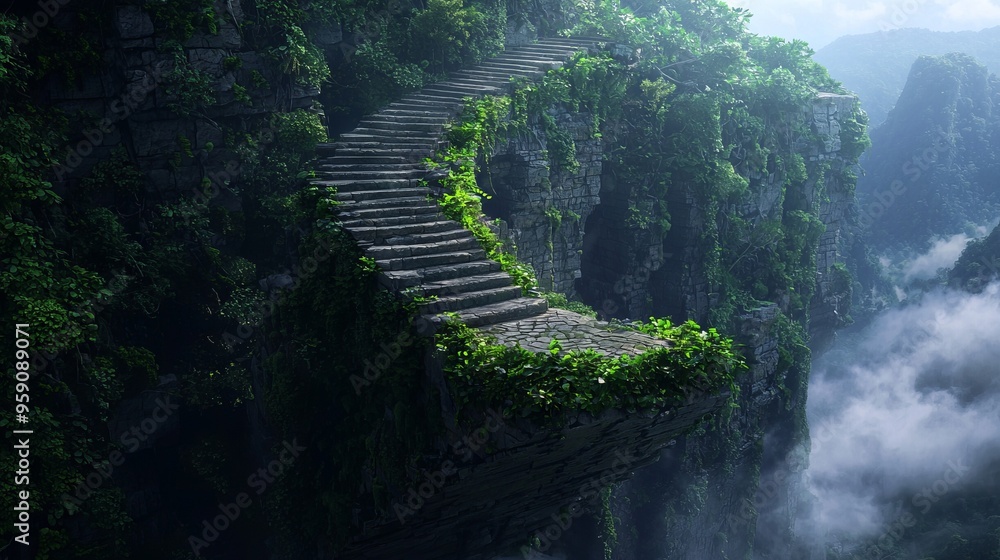 Stone steps lead up a cliffside, shrouded in fog and lush greenery. A pathway to the clouds. Stone steps lead up a cliffside, shrouded in fog and lush greenery. A pathway to the clouds.