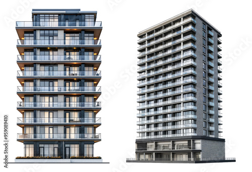 Condo building isolated on transparent background, set of