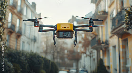 Drone Flying Over City Street