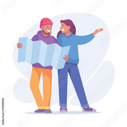 Good Company with Man and Woman Friend Examine Map Vector Illustration