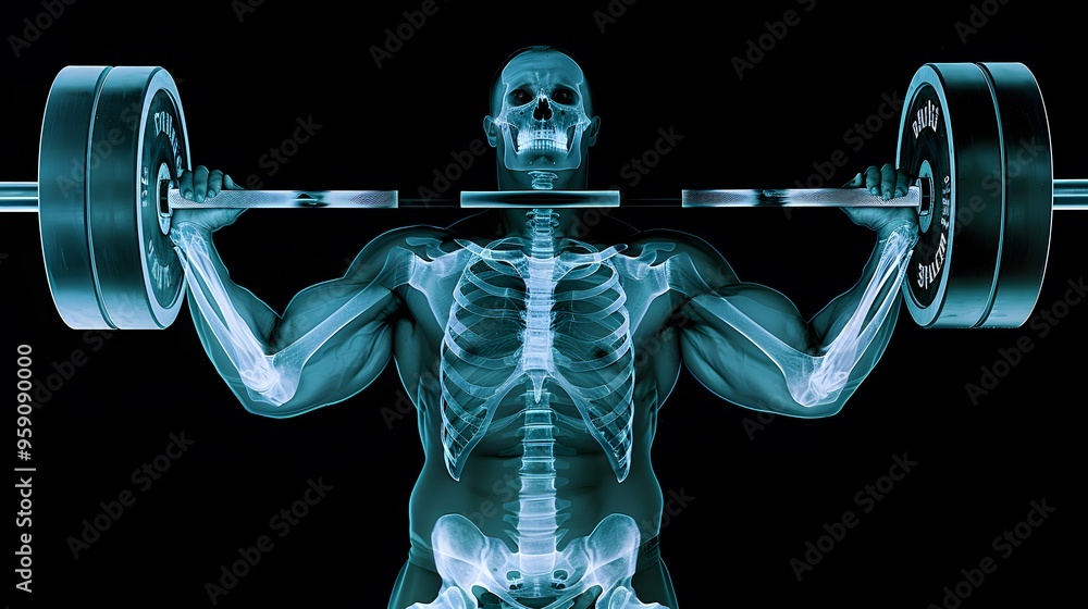 X-Ray of a Weightlifter Lifting Weights: An x-ray image of a weightlifter’s arms and shoulders as they lift a heavy barbell.
X-Ray of a Weightlifter Lifting Weights: An x-ray image of a weightlifter’s arms and shoulders as they lift a heavy barbell.