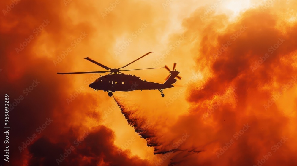 heroic firefighting helicopter silhouetted against fiery orange sky water bucket swinging dense smoke plumes dramatic aerial wildfire scene heroic firefighting helicopter silhouetted against fiery orange sky water bucket swinging dense smoke plumes dramatic aerial wildfire scene