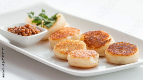 A clean and simple presentation of Thai sweets, including sweet coconut pancakes and mung bean cakes, on a white plate with a white backdrop