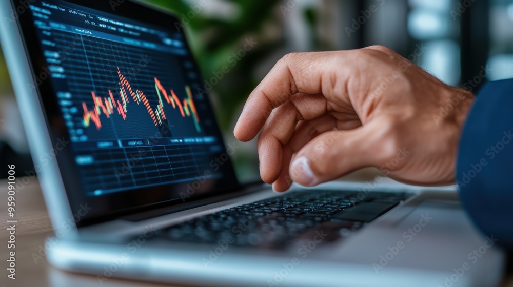 A person's hand on a laptop screen with an upward arrow, AI A person's hand on a laptop screen with an upward arrow, AI