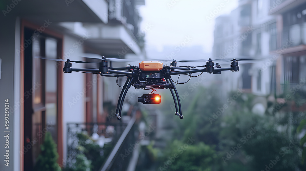 Drone Flying Over Urban Cityscape with Camera Drone Flying Over Urban Cityscape with Camera