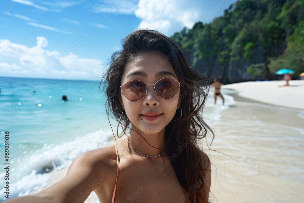 woman in sunglasses is taking a selfie on a sunny beach with clear blue water and white sand. She has wavy hair, and the background shows people enjoying the beautiful day. woman in sunglasses is taking a selfie on a sunny beach with clear blue water and white sand. She has wavy hair, and the background shows people enjoying the beautiful day.
