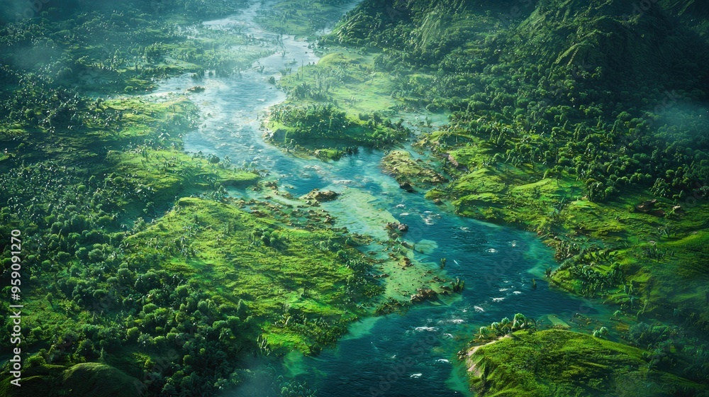 Fototapeta premium Early Civilization's River with Primitive Fish and Plants