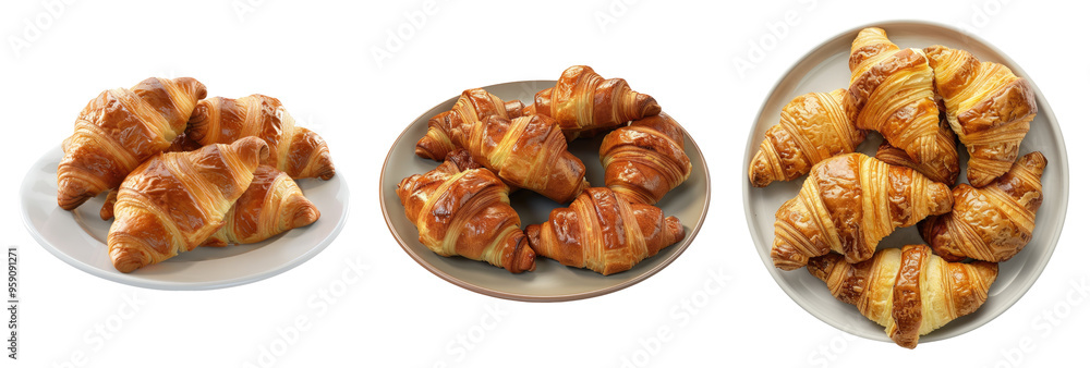 A plate of buttery croissants freshly baked isolated on transparent background, set of A plate of buttery croissants freshly baked isolated on transparent background, set of