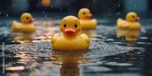 A yellow rubber duck is sitting in a puddle of water. photo