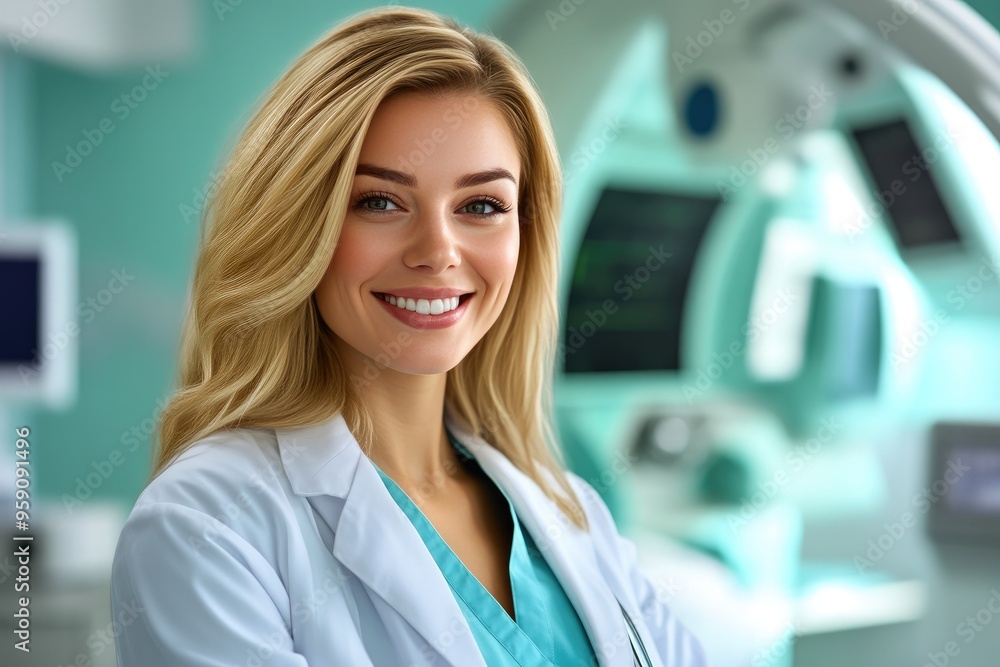 Confident Blonde Doctor in Radiology Equipment Room Confident Blonde Doctor in Radiology Equipment Room