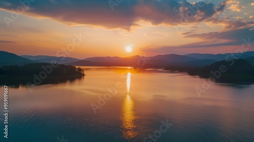 Beautiful Sunrise Sunset over Calm Lake. Aerial view of lake 