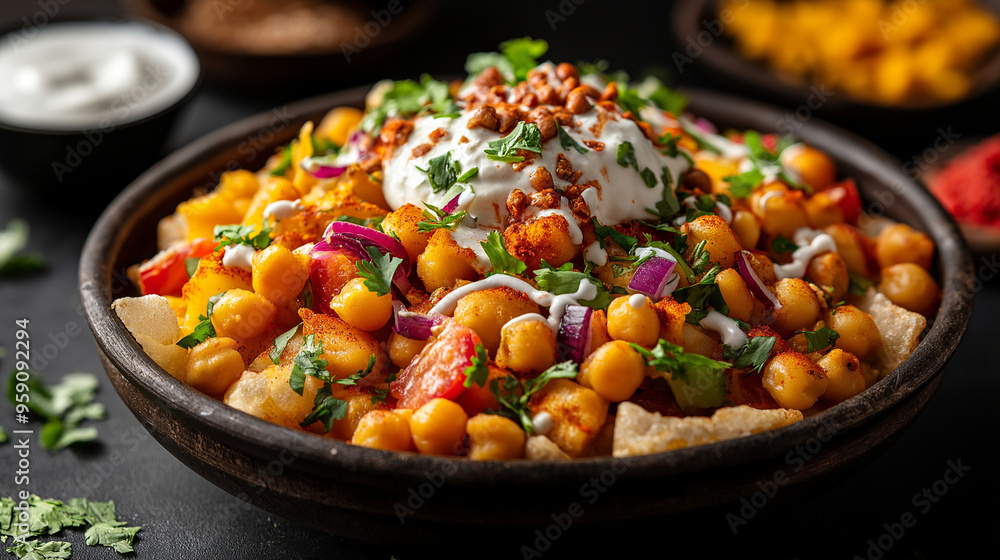 This is a bowl of chickpeas with vegetables, yogurt, and spices.
This is a bowl of chickpeas with vegetables, yogurt, and spices.