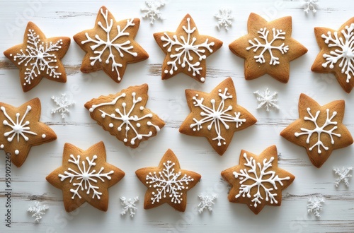 Star-Shaped Gingerbread Cookies on White Wooden Background