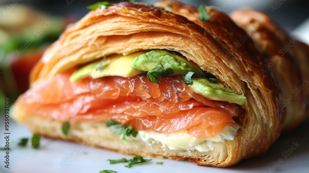 A close-up of a flaky croissant sandwich with layers of smoked salmon, avocado, and cream cheese, showcasing its texture and gourmet fillings A close-up of a flaky croissant sandwich with layers of smoked salmon, avocado, and cream cheese, showcasing its texture and gourmet fillings