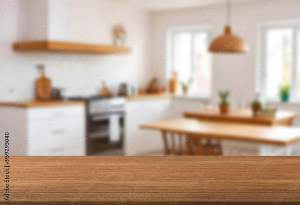 wooden countertop with blurred kitchen background wooden countertop with blurred kitchen background
