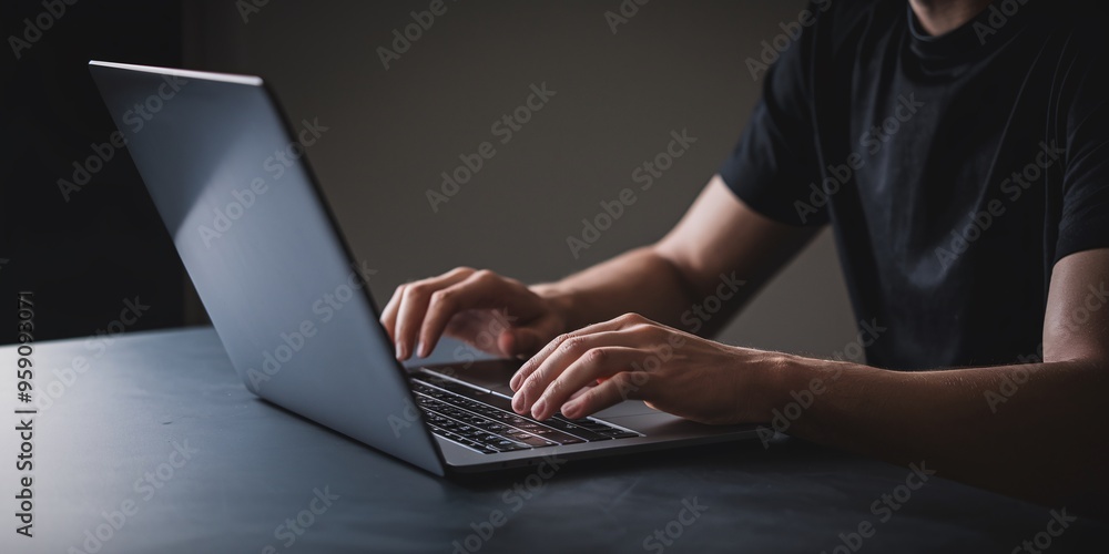 Φωτογραφία The Hacker's Touch: A shadowy figure, shrouded in darkness, types intently on a laptop, their fingers flying across the keys, hinting at a clandestine operation