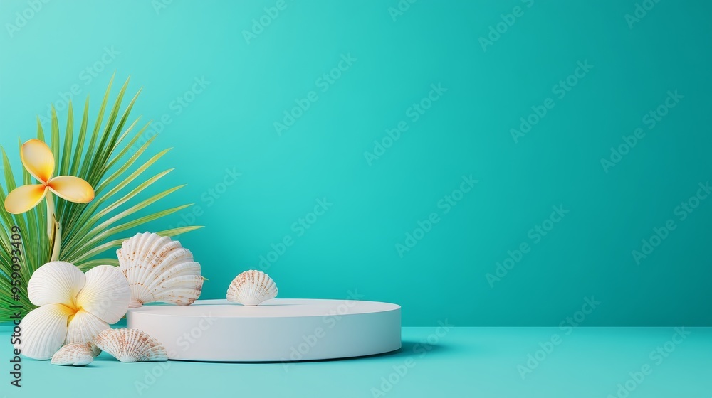 A 3D of a light teal background with a white podium surrounded by seashells and a tropical leaf. Perfect for showcasing beauty, skincare, or summer products. A 3D of a light teal background with a white podium surrounded by seashells and a tropical leaf. Perfect for showcasing beauty, skincare, or summer products.