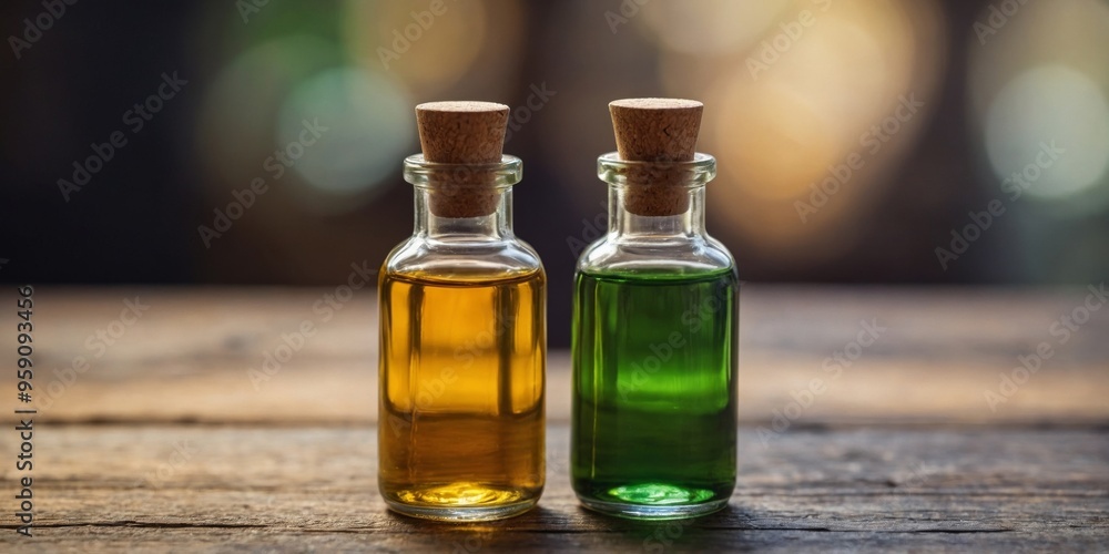 Four small glass bottles of different colored oils are on a wooden table. Four small glass bottles of different colored oils are on a wooden table.