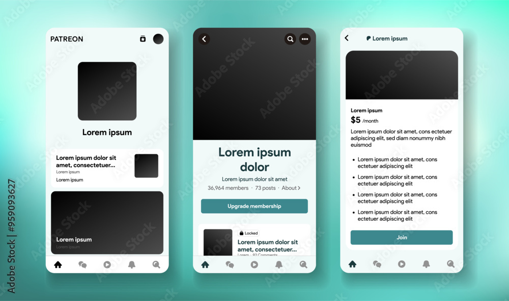 Patreon mobile app interface. Locked premium content for patrons. Social media by subscription. Creator profile template. Fundraising for content maker mock up. Vector illustration Patreon mobile app interface. Locked premium content for patrons. Social media by subscription. Creator profile template. Fundraising for content maker mock up. Vector illustration
