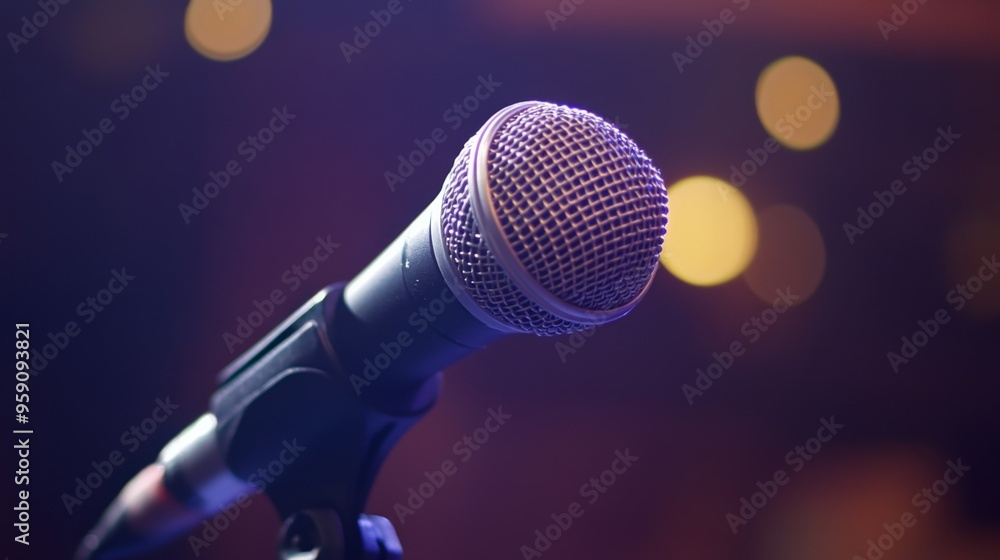 A close-up of a professional microphone on a stand, with a blurred stage background, capturing the essence of live performance and music production A close-up of a professional microphone on a stand, with a blurred stage background, capturing the essence of live performance and music production