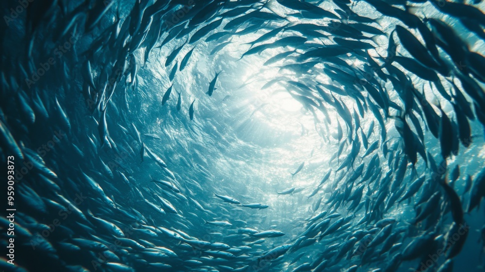 A close-up of a school of fish forming a swirling pattern, with sunlight filtering through the water and casting a beautiful glow on the scene A close-up of a school of fish forming a swirling pattern, with sunlight filtering through the water and casting a beautiful glow on the scene