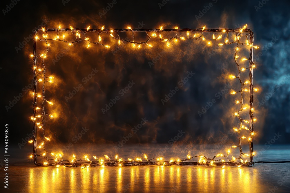 Rectangular Frame of Glowing Fairy Lights on Dark Background Rectangular Frame of Glowing Fairy Lights on Dark Background