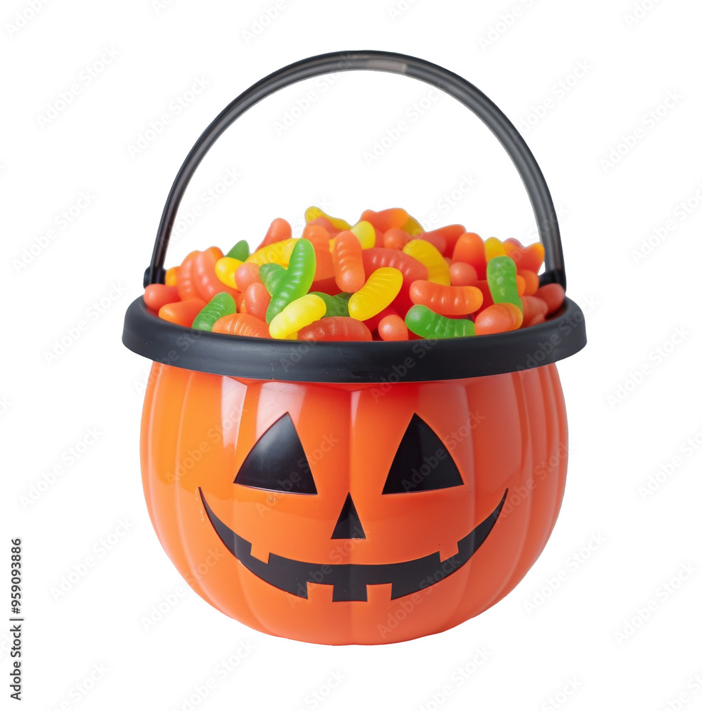 Naklejka premium Halloween pumpkin-shaped basket full of jelly beans. Transparent background