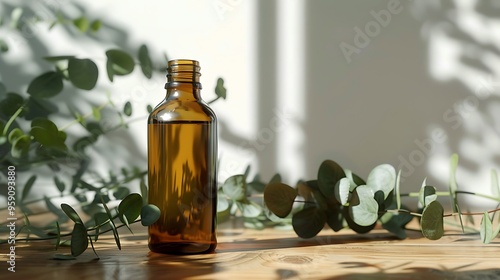 Wallpaper Mural bottle of eucalyptus oil with fresh eucalyptus leaves on a wooden table, detailed dslr view, white background. Torontodigital.ca