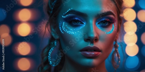 beautiful girl with bright neon makeup on a blue background. photo