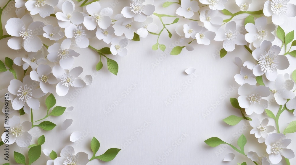 A beautiful arrangement of delicate white paper flowers with green leaves, creating a delicate and elegant floral design. The flowers are arranged in a way that creates a sense of movement and grace, A beautiful arrangement of delicate white paper flowers with green leaves, creating a delicate and elegant floral design. The flowers are arranged in a way that creates a sense of movement and grace,