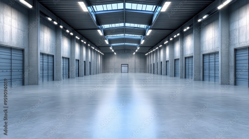 Fototapeta premium A large empty warehouse with a door and lights, AI