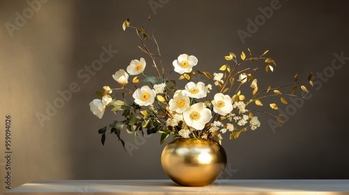 A beautiful arrangement of white flowers in a gold vase. The flowers are accented with gold leaf, creating a luxurious and sophisticated look.  The arrangement symbolizes beauty, wealth, and prosperit photo