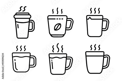 coffee mug Outline, Cup of coffee and coffee bean. Hot beverage. Aroma of coffee. Continuous line drawing