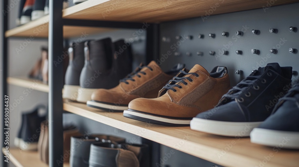A close-up of a shoe rack with a mix of sandals, boots, and sneakers, showcasing the design and functionality of the rack in a modern home A close-up of a shoe rack with a mix of sandals, boots, and sneakers, showcasing the design and functionality of the rack in a modern home