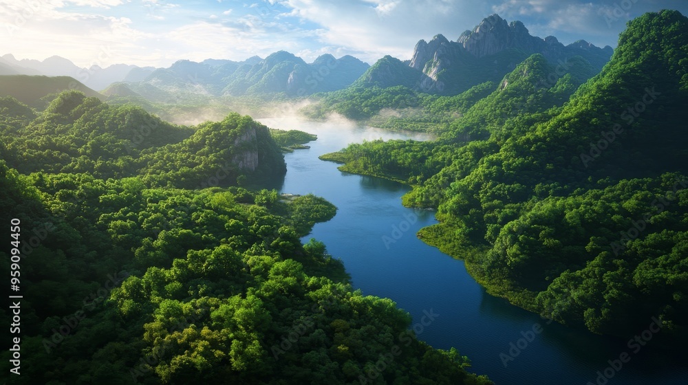 A breathtaking aerial view of a meandering river cutting through a dense, verdant mountain range. The scene evokes tranquility, natural beauty, and the interconnectedness of nature. A breathtaking aerial view of a meandering river cutting through a dense, verdant mountain range. The scene evokes tranquility, natural beauty, and the interconnectedness of nature.