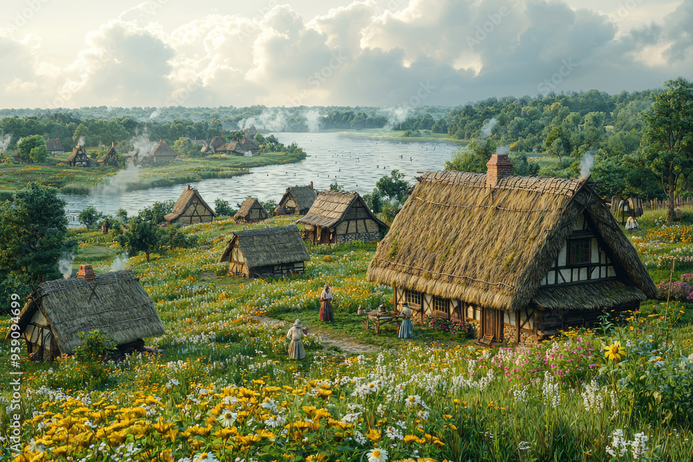 A medieval village with thatched-roof cottages and peasants working the fields, depicting daily life in the era. Concept of rural life and medieval agriculture.