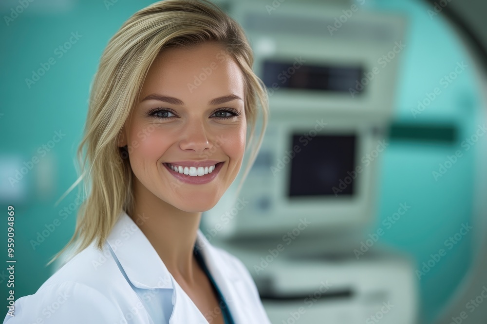 Fototapeta premium Blonde Physician in Radiology Room with High-Tech Gear