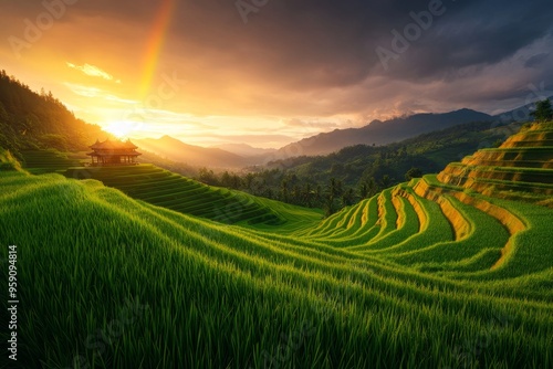 A breathtaking view of vibrant green rice terraces cascading down a hillside, illuminated by the golden rays of a setting sun. A majestic rainbow arches over the landscape, symbolizing hope, peace, an