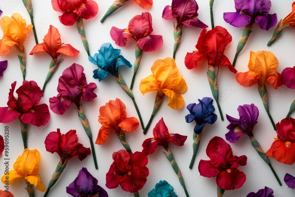 A captivating collage showcasing a vibrant array of colorful iris flowers, arranged symmetrically on a white background. The vivid hues and intricate details create a stunning visual feast, capturing A captivating collage showcasing a vibrant array of colorful iris flowers, arranged symmetrically on a white background. The vivid hues and intricate details create a stunning visual feast, capturing