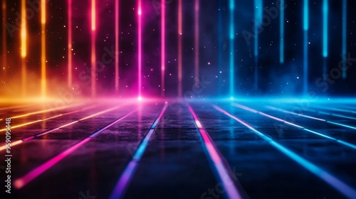 A captivating image showcasing vibrant neon light beams in various colors  reflecting off a dark tiled floor  creating a sense of energy  technology  and futuristic ambiance.