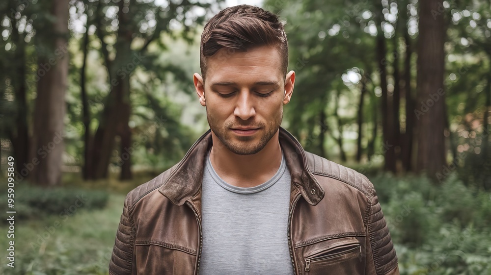 Portrait of a man with closed eyes and jacked in nature Portrait of a man with closed eyes and jacked in nature