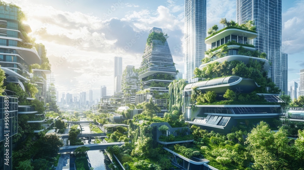 Obraz premium Futuristic Green Cityscape with Solar Panels and Urban Gardens