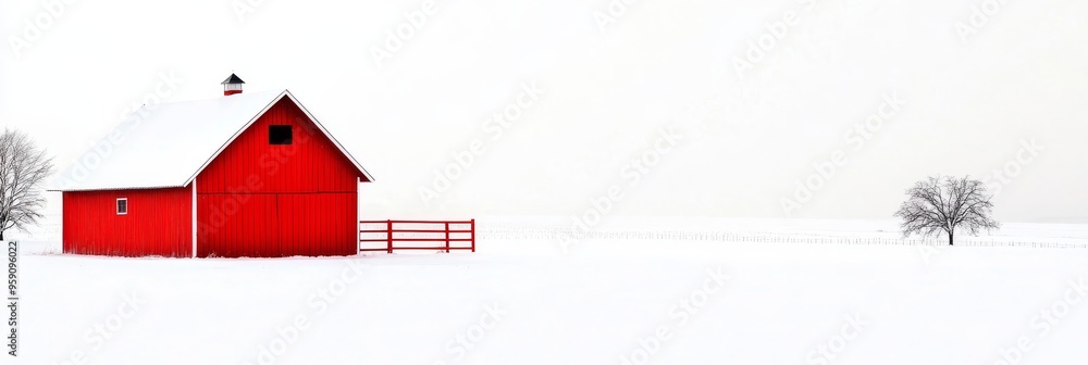 Φωτογραφία A classic red barn stands isolated in a snowy landscape, symbolizing simplicity, rustic charm, and the tranquility of winter