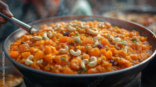 A large pot of orange sweet dish with nuts and green herbs.

