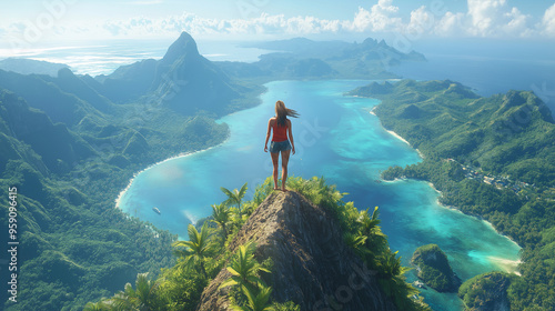 woman stands on a cliff overlooking a beautiful tropical lagoon and mountains